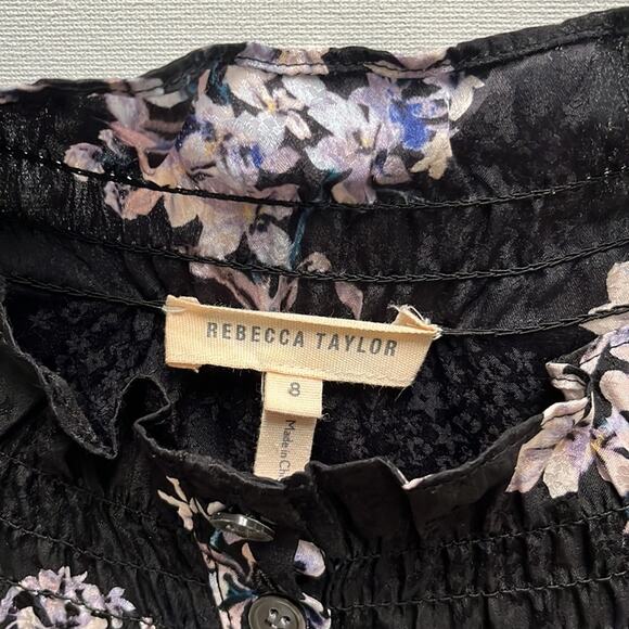 REBECCA TAYLOR Black Silk Floral Hydrangea Button Up Mock Neck Dress Size 48 - Picture 3 of 11